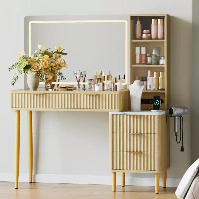 Coiffeuse LED en panneaux de particules avec motif ondulé, MDF durable, design moderne, éclairage LED intégré, grand espace de rangement