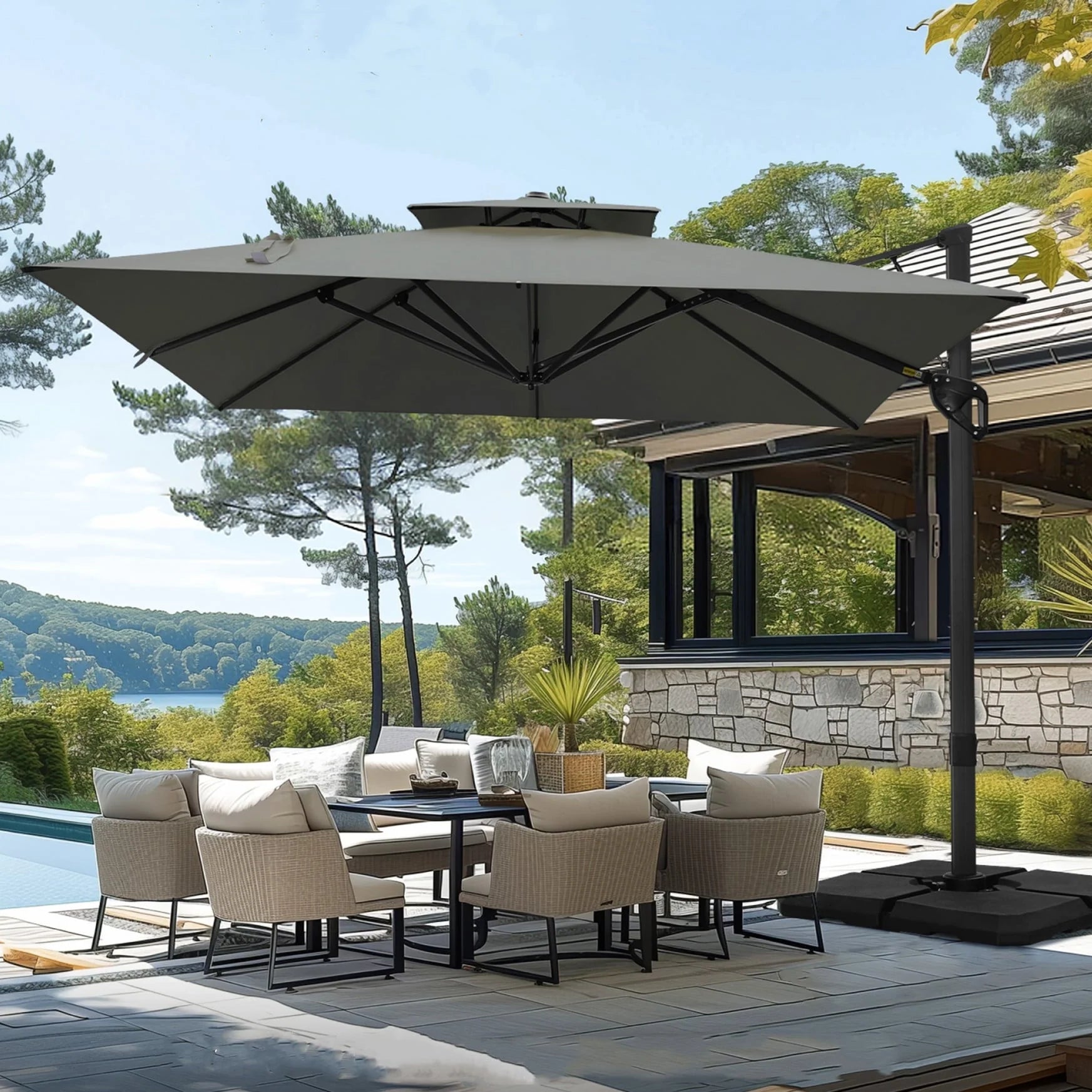MAISON ARTS Parasol déporté hydraulique automatique 3,6 m avec mât en aluminium et rotation à 360 degrés