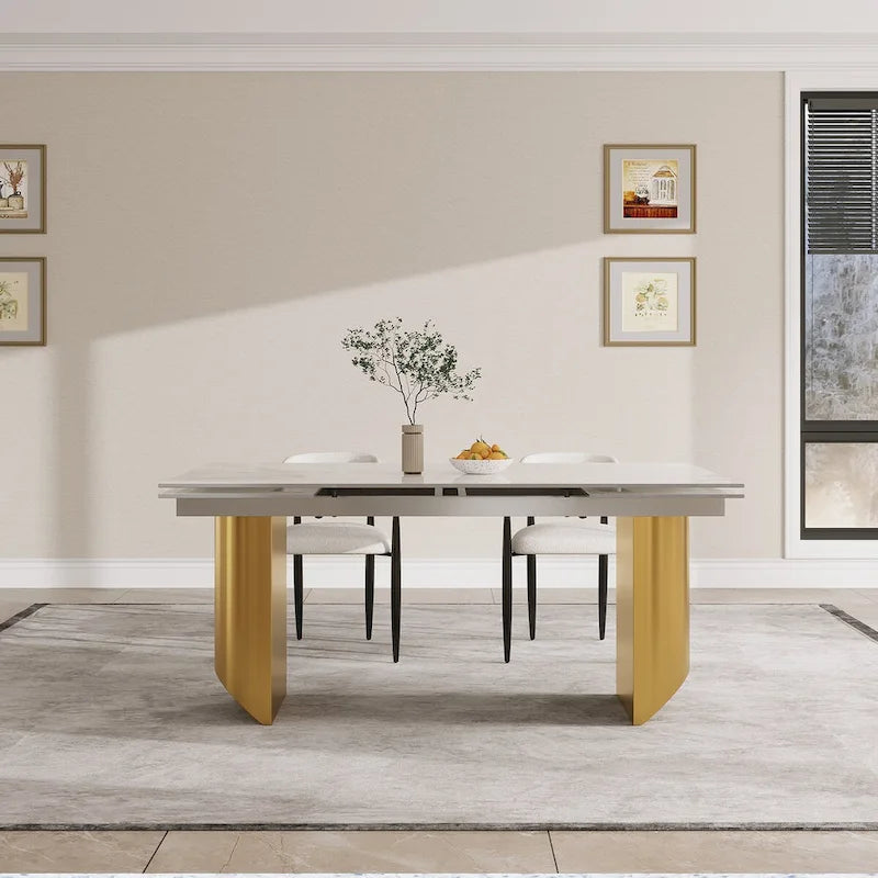 Ensemble de salle à manger moderne minimaliste 9 pièces avec plateau en pierre frittée extensible et double piédestal de 240 cm