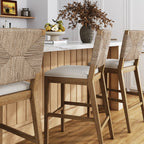 Tabouret de bar Beacon Bohemian Boucle, Chaise de comptoir rembourrée avec structure en bois massif et dossier en jonc de mer tressé