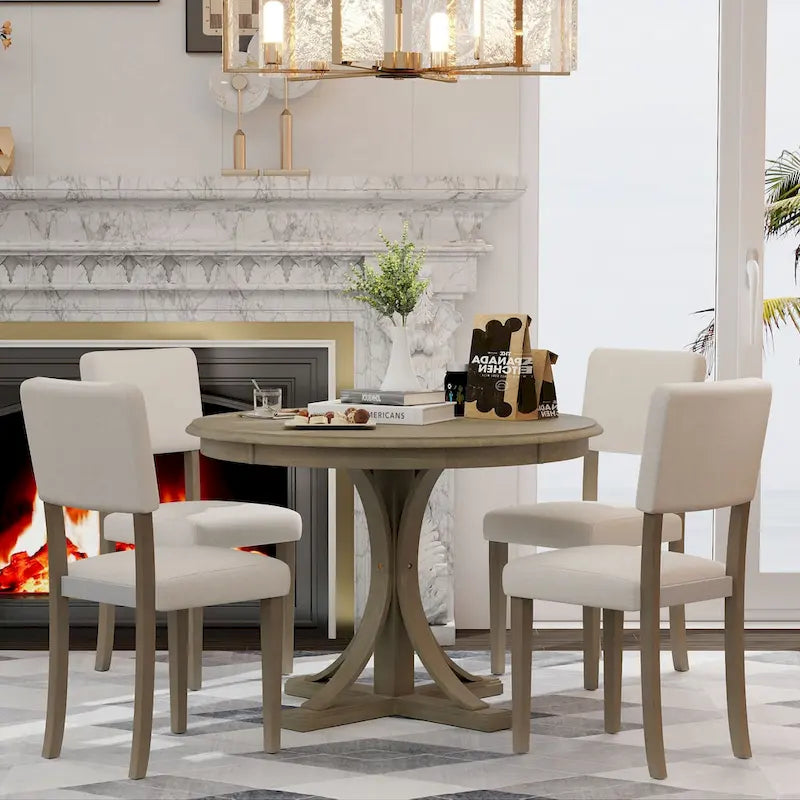 Ensemble de salle à manger 5 pièces en bois taupe rétro avec table à tréteaux courbés et 4 chaises