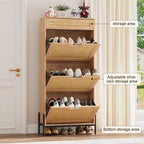 Meuble à chaussures en rotin naturel, 3 portes abattantes avec 1 tiroir, meuble de rangement autonome avec étagères réglables à 3 niveaux pour l'entrée