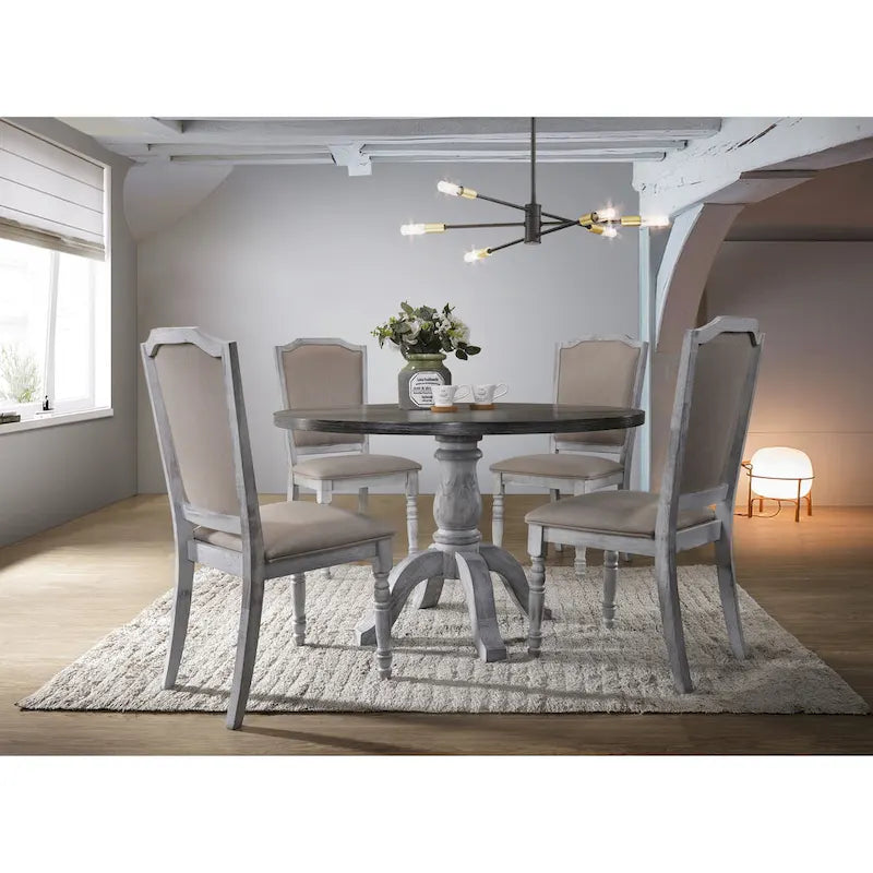 Ensemble de salle à manger 5 pièces d'inspiration vintage, finition patinée, avec table piédestal ronde et 4 chaises de salle à manger rembourrées