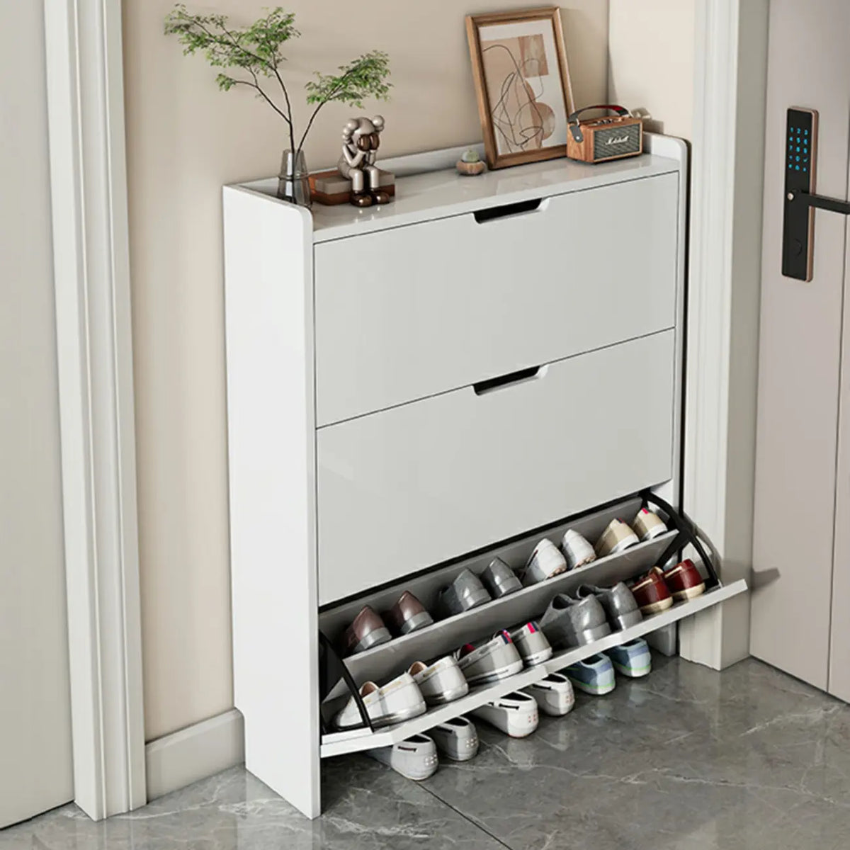 Meuble à chaussures 3 niveaux en bois blanc avec portes abattantes
