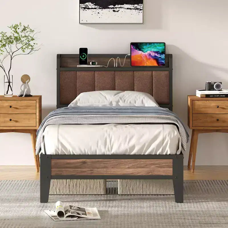 Lusimo Cadre de lit Twin XL, Lit plateforme rembourré avec tête de lit de rangement et station de charge