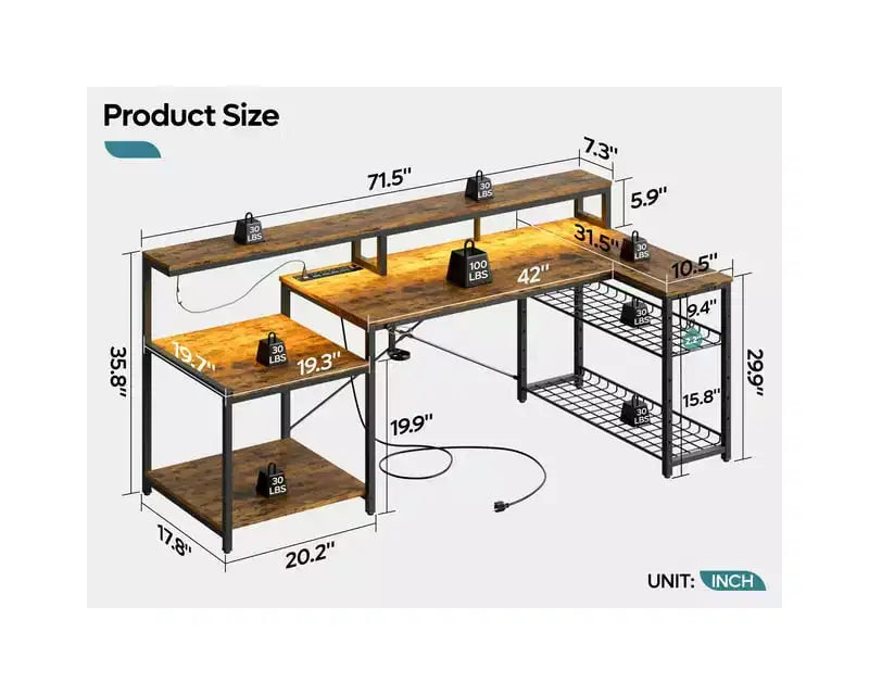 Bureau de gamer Bestier 71,5 pouces avec prise de courant, bureau d'ordinateur en L avec support d'écran, table de gamer d'angle avec étagère réglable et crochet pour casque
