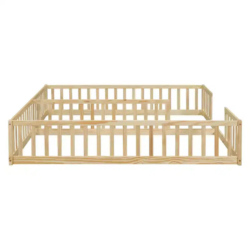 Lit double superposé avec barrière de sécurité, lit plateforme en bois avec clôture pour 2 enfants