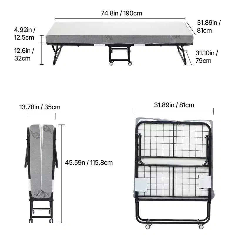 Lit pliant Zeus & Ruta 31x75 (taille double) avec 5 matelas, lit d'appoint portable pour adultes, gris