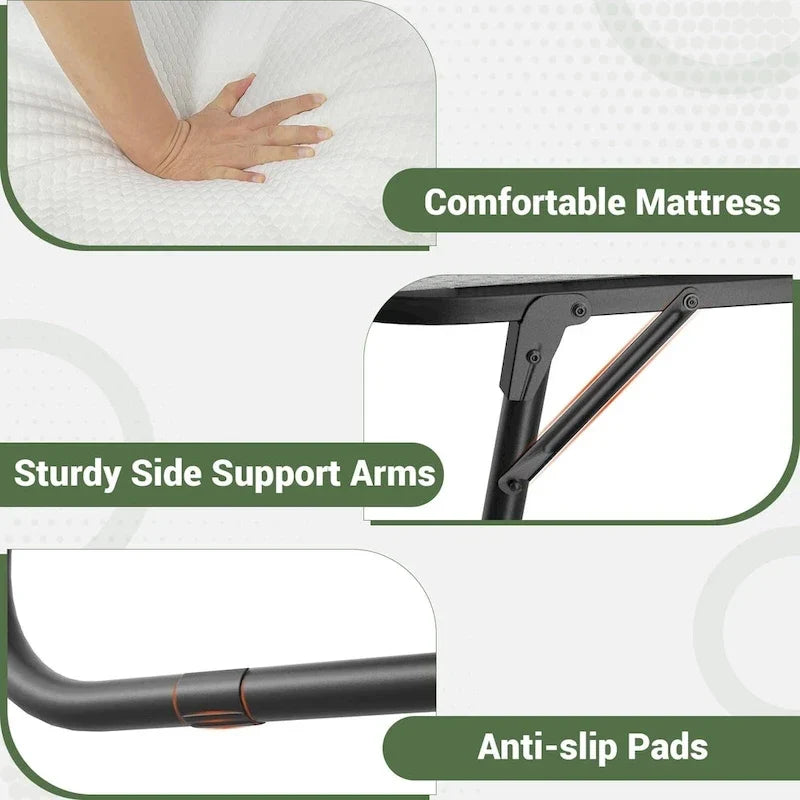 Lit d'appoint pliant roulant en acier gris et noir avec matelas en mousse à mémoire de forme de 5 et roues pour 1 personne