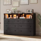 Commode en bois à 7 tiroirs avec station de recharge USB et lumières LED - Coiffeuse moderne avec 2 niches ouvertes pour chambre à coucher, salon, placard ou chambre d'enfant