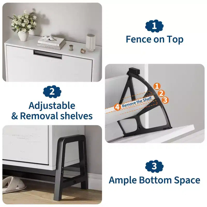 Meuble de rangement pour chaussures à 2 tiroirs basculants – avec pieds en métal, étagère réglable, organisateur de chaussures étroit pour entrée, foyer, couloir, salon
