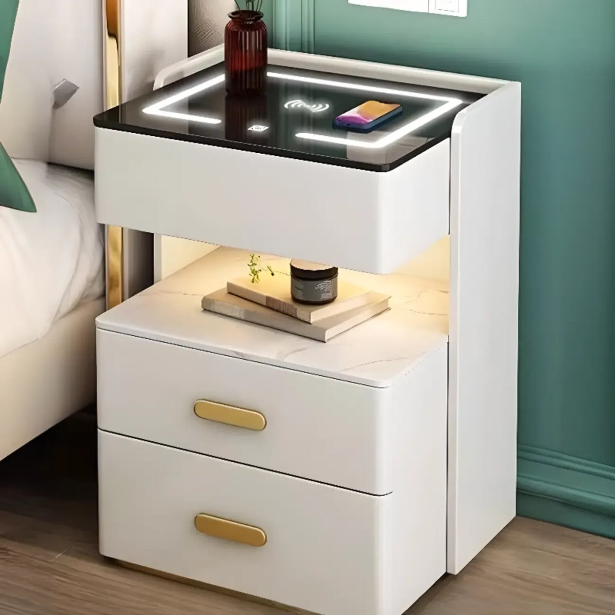 Table de chevet avec rangement à tiroirs, recharge sans fil et éclairage LED