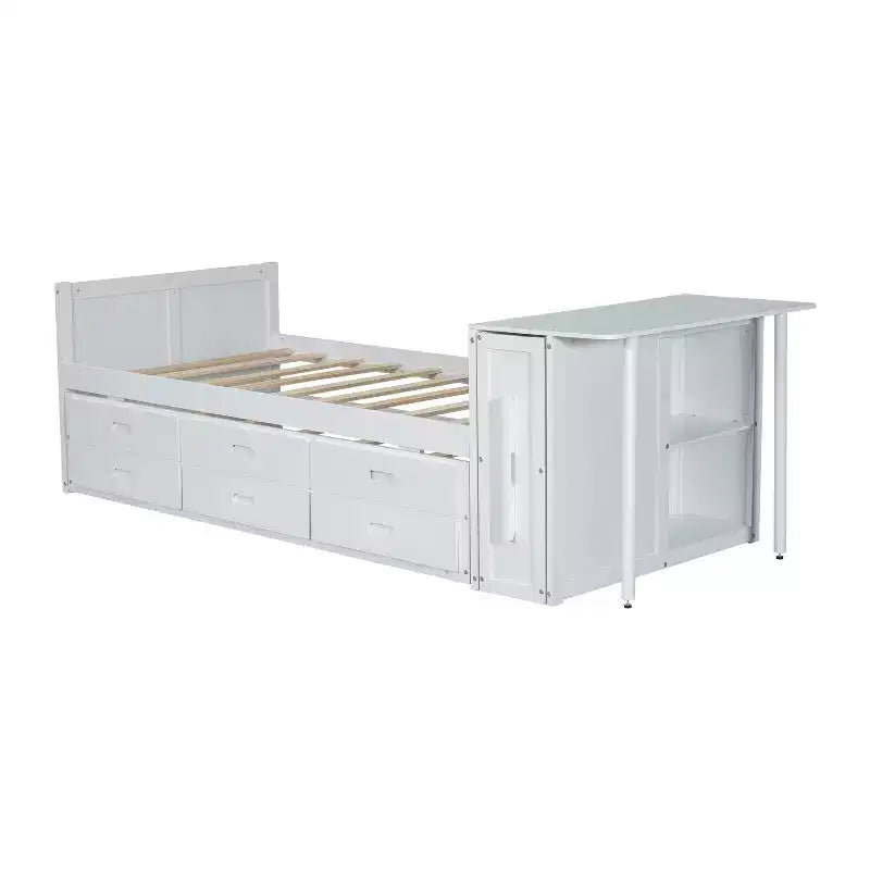 Lit plate-forme en bois simple avec bureau et étagère de rangement, Cadre de lit en bois simple/grand avec lit gigogne et 3 tiroirs