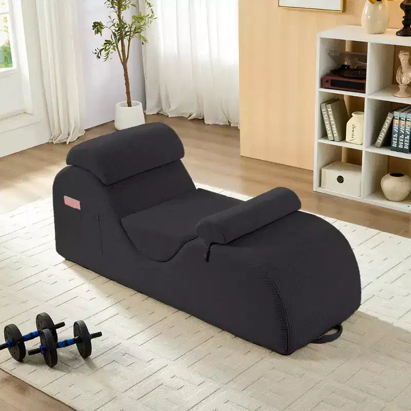 Mjkone Chaise Longue de Yoga en Velours Côtelé, Canapé de Yoga Incurvé avec Appui-Tête/Coussin Lombaire/Repose-Pieds Amovibles, Base Antidérapante