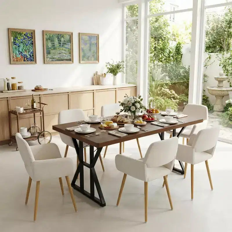Table à manger industrielle FurnitureR avec plateau aspect bois et base métallique en forme de X, table rectangulaire de taille fixe pour salle à manger ou cuisine