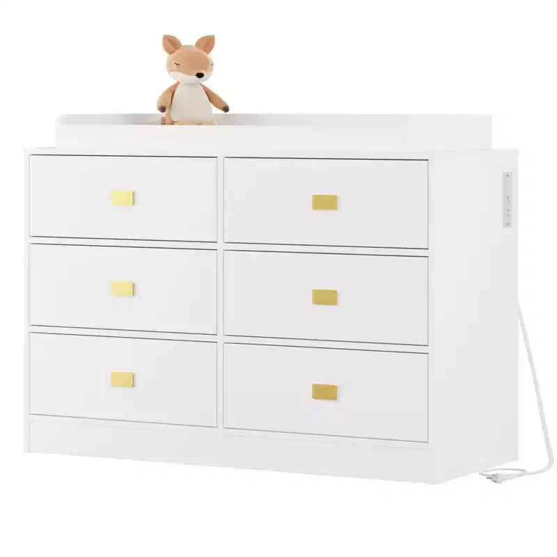 Commode de chambre d'enfant Coolmee avec plan à langer, commode bébé à 6 tiroirs avec kit anti-basculement, plateau étanche et rails de sécurité pour l'organisation du rangement