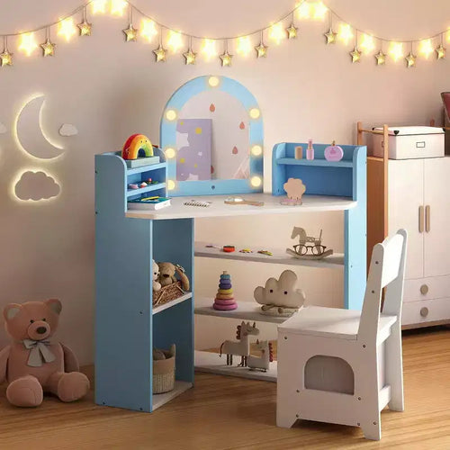 Meuble-lavabo d'angle 2-en-1 pour enfants avec lumières, étagères ouvertes et miroir éclairé