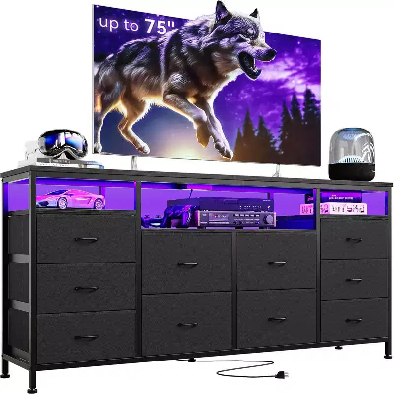 Commode noire de 160 cm pour chambre à coucher, commode à 10 tiroirs, meuble TV pour téléviseur de 65, 70, 75 pouces, commode en tissu avec lumières LED et prises de courant