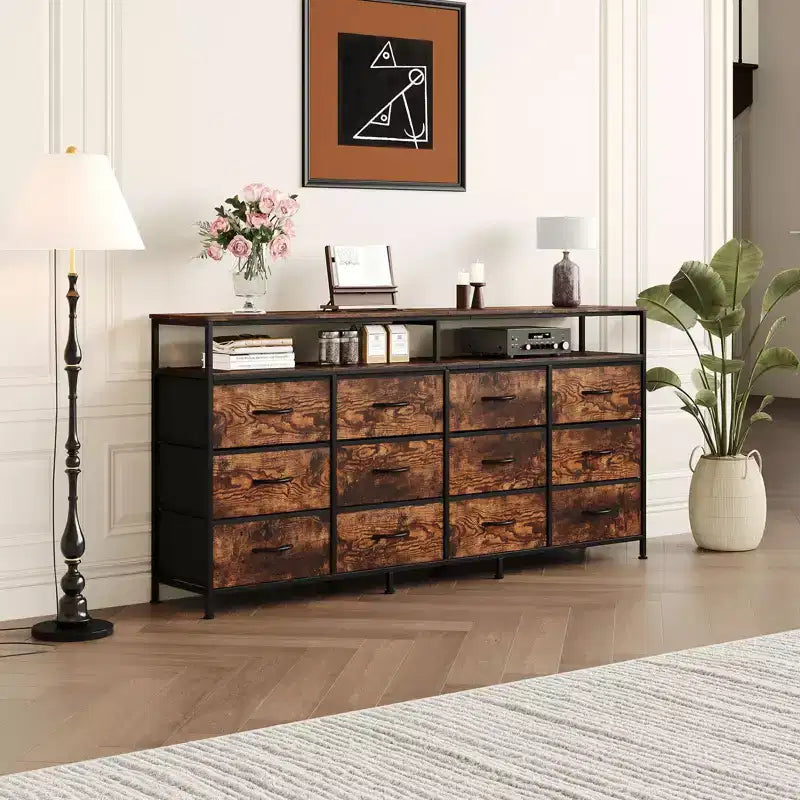 Commode TV de 160 cm en tissu pour chambre à coucher - Commode longue à 12 tiroirs pour salon - Commode noire avec étagères ouvertes