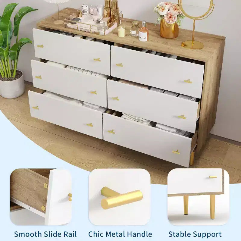 Commode de chambre à 6 tiroirs style ferme, 120 cm de large, en bois rustique, avec grands tiroirs et poignées barre, organisateur de tiroirs pour le salon