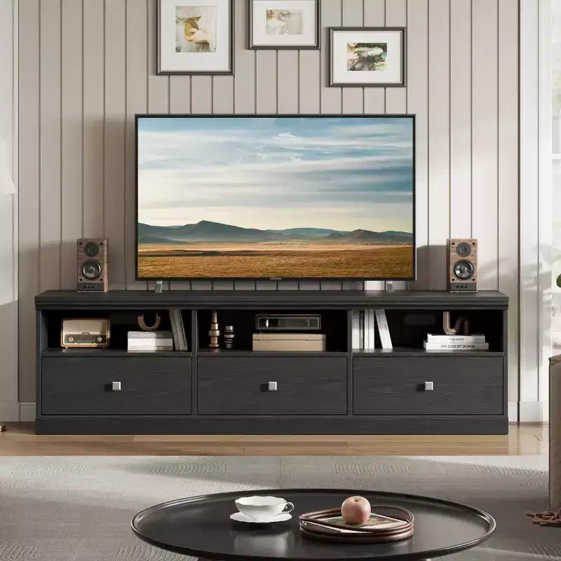 Meuble TV 70 pouces pour téléviseurs jusqu'à 80 pouces, meuble de divertissement moderne du milieu du siècle avec tiroir, meuble TV console média pour salon, chambre à coucher