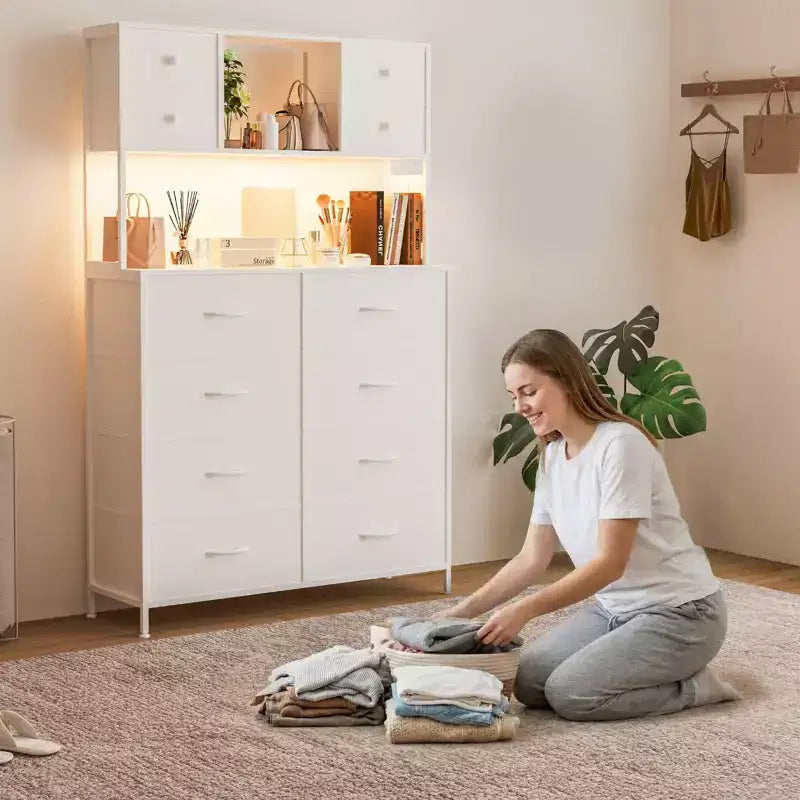 Commode de chambre, commode en tissu à 12 tiroirs, étagères ouvertes, plateau en bois et cadre en métal pour chambre à coucher, couloir ou salon