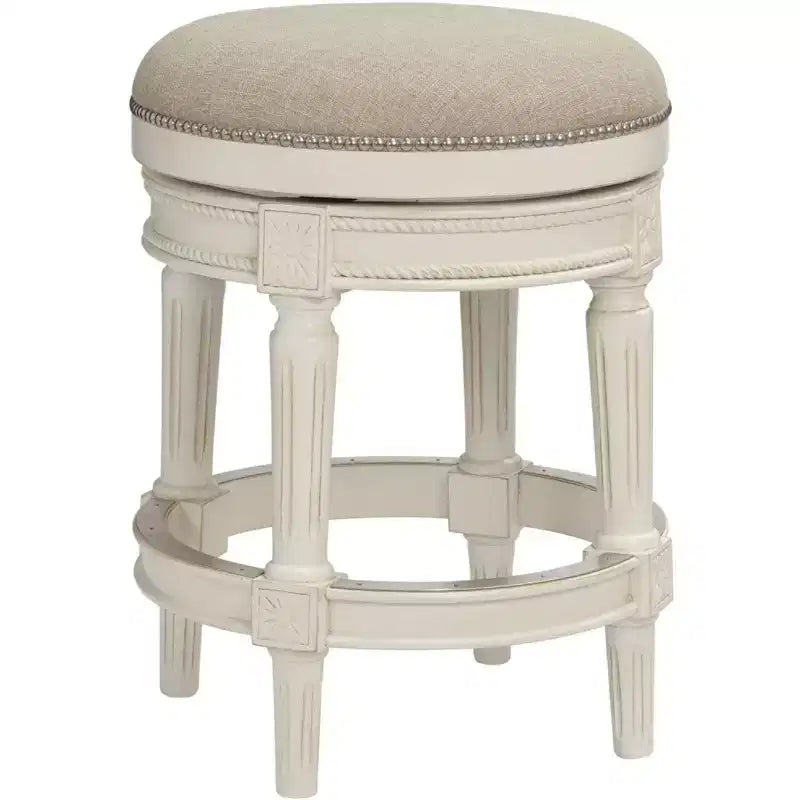 55 Downing Street Oliver Wood Tabouret de bar pivotant Blanc vieilli 62,2 cm de haut Coussin rond traditionnel crème avec repose-pieds pour îlot de cuisine