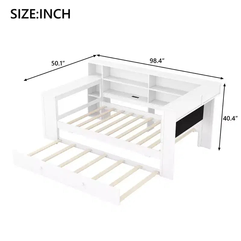 Lit plateforme double en bois Luxystar avec tête de lit capitonnée, 8 étagères de rangement, lit gigogne et bureau
