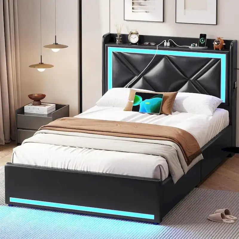 Cadre de lit avec lumières LED, tête de lit et station de charge USB-C/A, 4 tiroirs