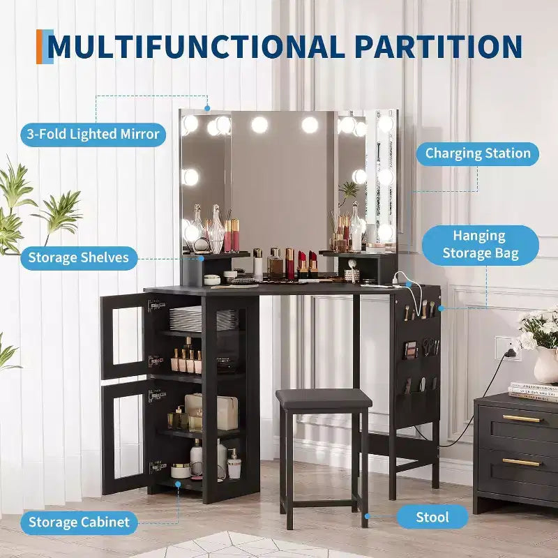 Coiffeuse d'angle avec miroir triptyque, station de charge, armoire de rangement, sac de rangement et tabouret, coiffeuse d'angle compacte pour chambre à coucher