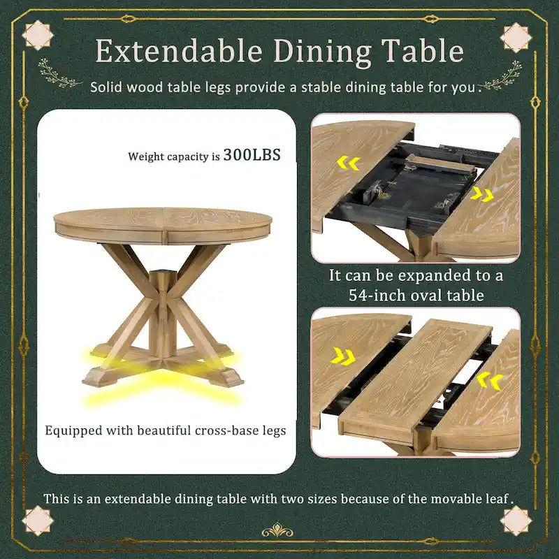Ensemble de salle à manger 5 pièces en bois de style rétro avec table ronde extensible et 4 chaises, finition bois naturel vieilli
