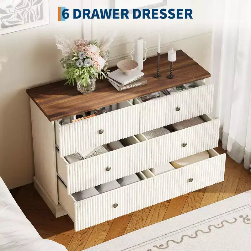 Commode à 6 tiroirs cannelés pour chambre à coucher, commode horizontale en bois avec poignées en métal, organiseur de rangement moderne pour chambre à coucher, salon