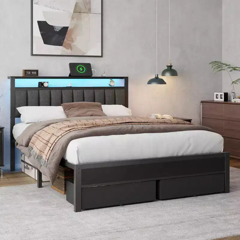 Cadre de lit Queen avec station de recharge, lumières LED, 2 tiroirs de rangement, tête de lit rembourrée grise, support métallique, pas besoin de sommier tapissier