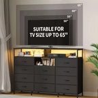 COZONY Meuble TV 55 avec commode en tissu 11 tiroirs et étagères ouvertes, organisateur de rangement pour chambre et salon