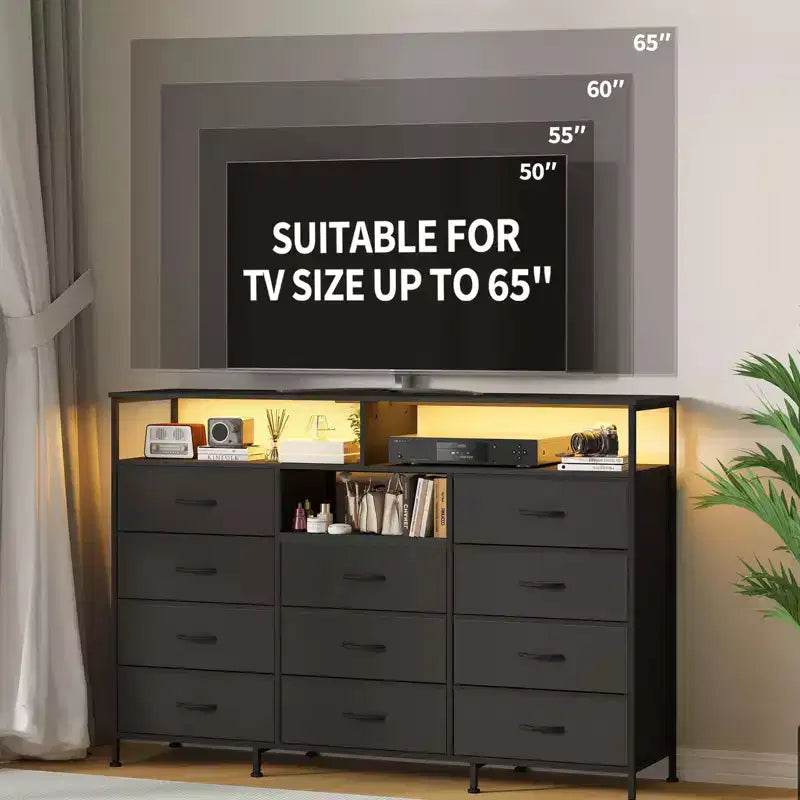 COZONY Meuble TV 55 avec commode en tissu 11 tiroirs et étagères ouvertes, organisateur de rangement pour chambre et salon