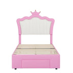 Cadre de lit double rembourré avec lumières LED, lit de princesse moderne rembourré avec tête de lit en forme de couronne, un tiroir, rose+blanc
