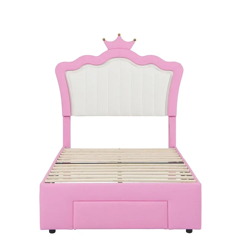 Cadre de lit double rembourré avec lumières LED, lit de princesse moderne rembourré avec tête de lit en forme de couronne, un tiroir, rose+blanc