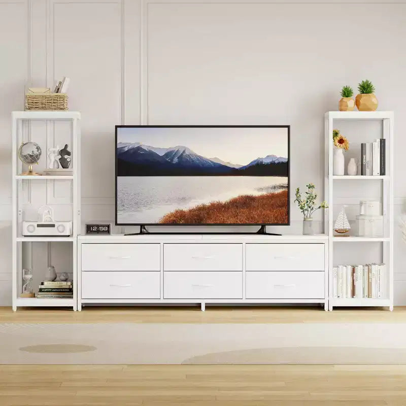 Meuble TV commode industriel moderne pour téléviseur de 75 pouces - 6 tiroirs en tissu - 4 étagères de rangement - Grand meuble console multimédia