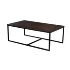 Table basse Arcadia en bois d'acacia, 54 po de large, moka vieilli – Meubles Alaterre : industriel, piétement en tréteaux, bois teinté