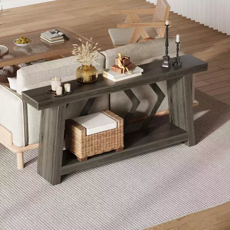 Console en bois de 180 cm, table de canapé ultra-stable avec pieds trapézoïdaux derrière le canapé, table d'entrée extra longue à 2 niveaux pour couloir et salon