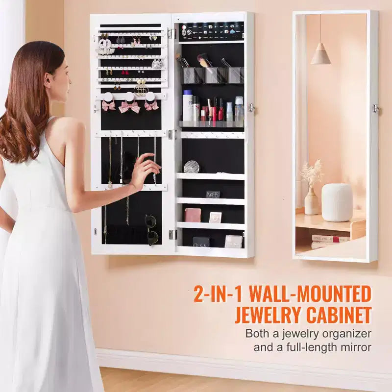 Meuble à bijoux avec miroir VEVOR, armoire à bijoux verrouillable de 108 cm de haut avec miroir pleine longueur, miroir à bijoux mural ou à suspendre à la porte, blanc