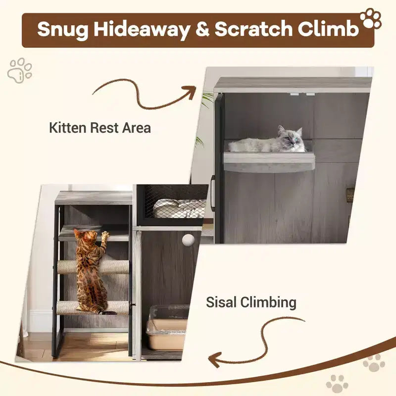Meuble de litière pour chat GustomWave, armoire double cachée 2 en 1 avec bac à litière fermé et échelle, meuble pour chat en bois