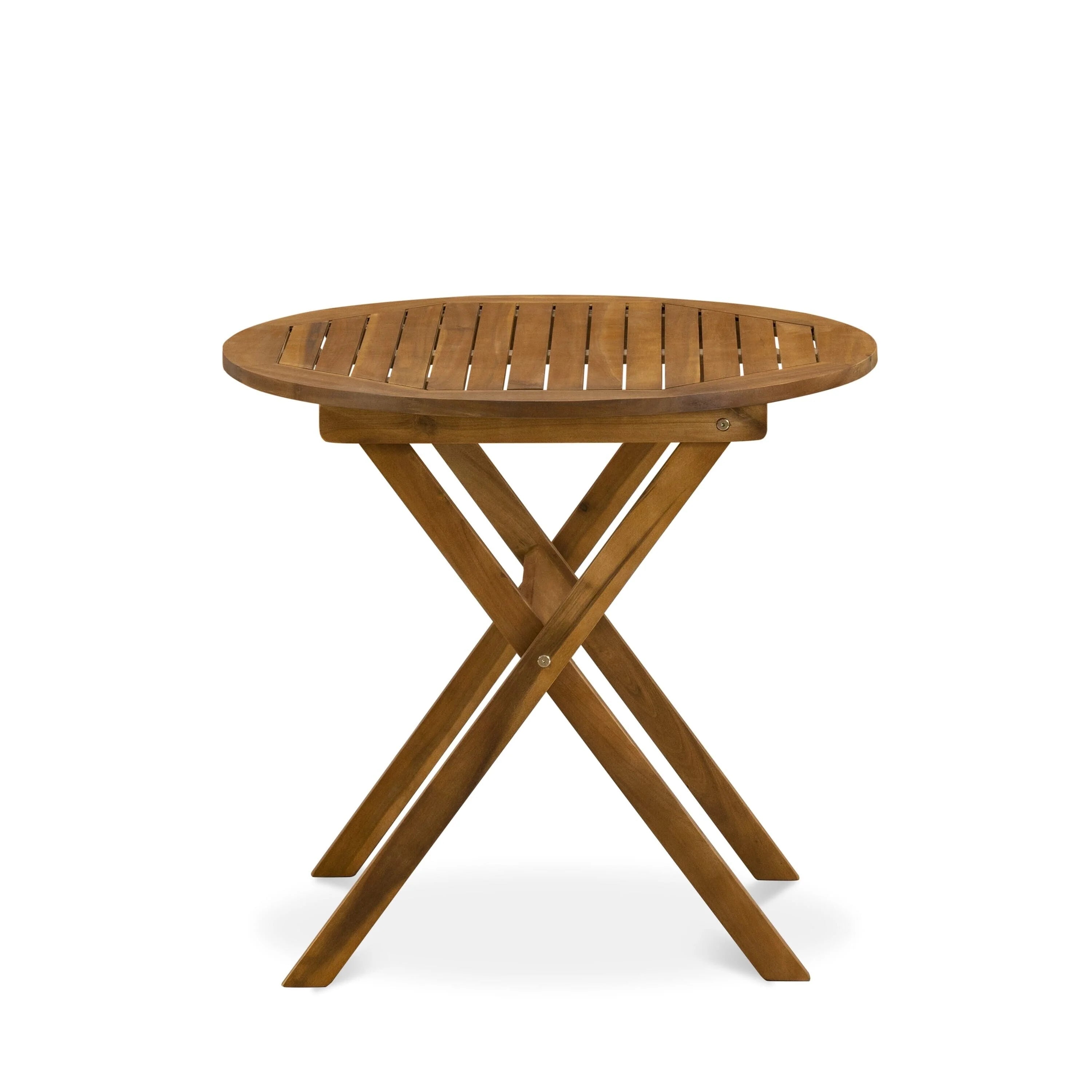 East West Furniture Ensemble Bistro de conversation d'extérieur comprenant une table basse ronde en bois et 2 chaises pliantes, Huile naturelle