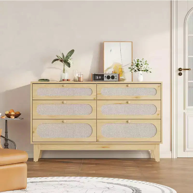 52.1 Commode en rotin avec station de charge, commode en bois à 6 tiroirs pour chambre à coucher avec tiroirs de capacités variées