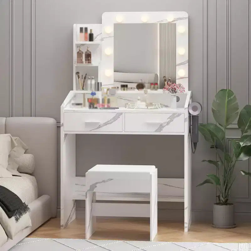 Coiffeuse de Maquillage avec Lumières, Bureau de Maquillage avec Miroir et Lumières, Grand Tiroir et Armoire de Rangement à Deux Étages, 3 Modes d'Éclairage