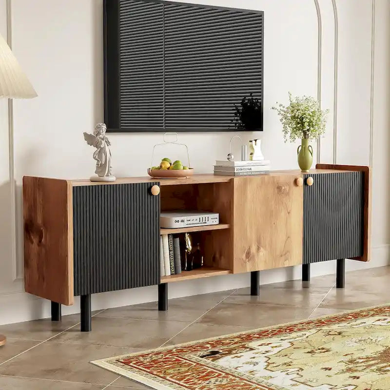 Meuble TV Mid-Century avec 3 armoires, console multimédia pour téléviseurs jusqu'à 70 pouces, centre de divertissement avec rangement