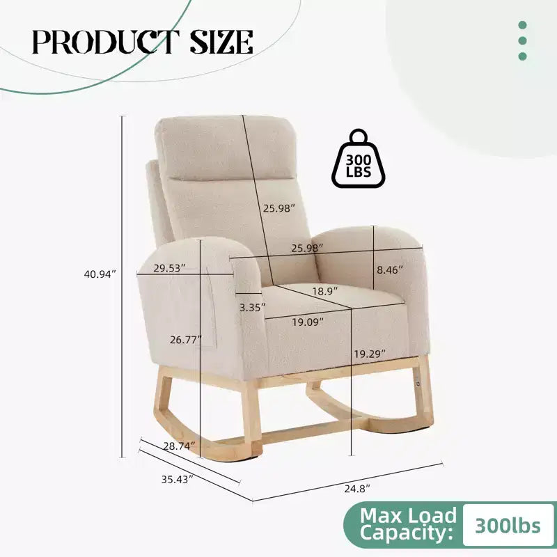 Fauteuil à bascule, fauteuil de nurserie avec dossier haut et pochette latérale, fauteuil à bascule d'appoint avec pieds en bois d'hévéa pour salon/chambre/nurserie
