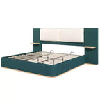 Cadre de lit plateforme capitonné Whisen King Size avec étagères de rangement latérales, tête de lit et panneau en PU doux, anti-collision, assemblage facile