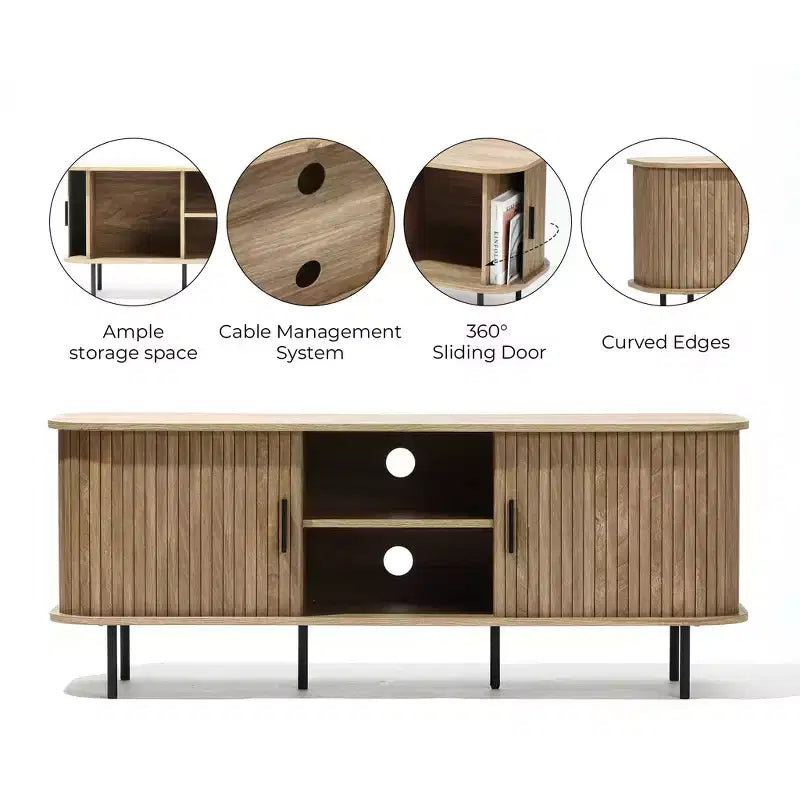 Meuble TV LuxenHome 55 po de style moderne du milieu du siècle avec porte coulissante pour téléviseurs jusqu'à 60 po, centre de divertissement avec rangement et étagères, marron