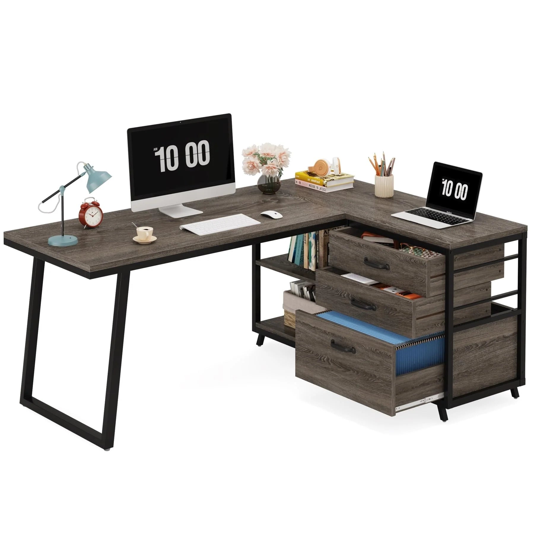 Bureau d'angle en L réversible avec tiroirs de classement, bureau d'ordinateur d'angle